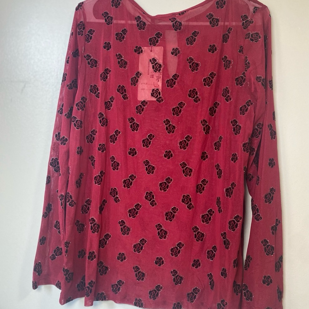 Dark Red Sheer Mesh Blck Floral Rhinestone Long Sleeve Top Y2K Vintage Small - Picture 4 of 7